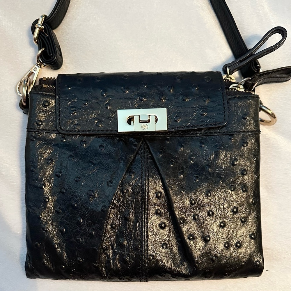 Antonio Melani Womens Small Crossbody Bag Ostrich Embossed Black Leather Purse
